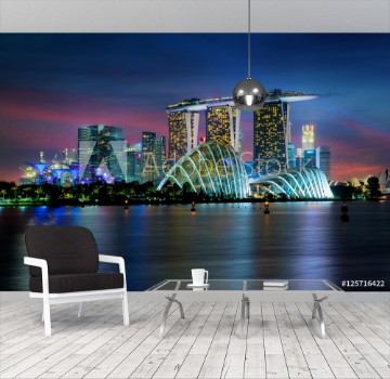 Picture of Singapore skyscraper building at Marina Bay in night Singapore